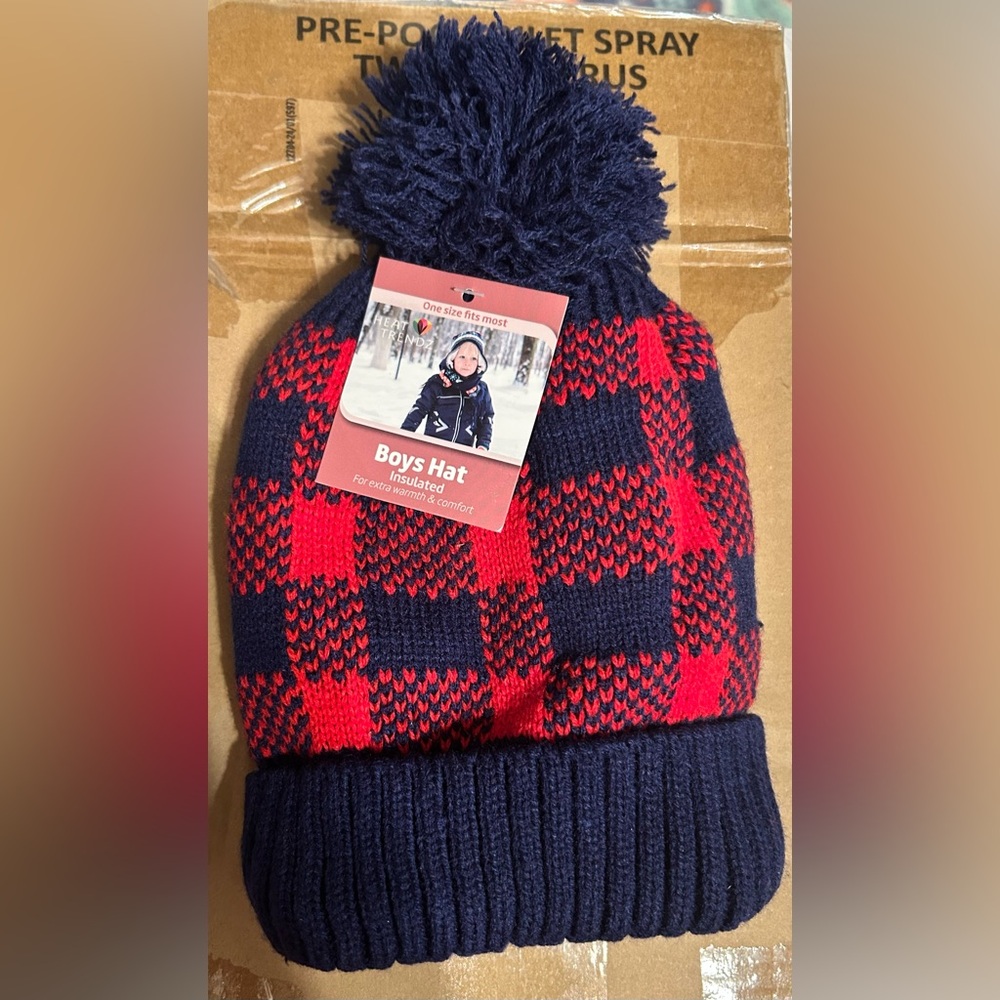 Kid's Blue + Red Checkered Insulated Cuffed
Knit Hat with Pom.